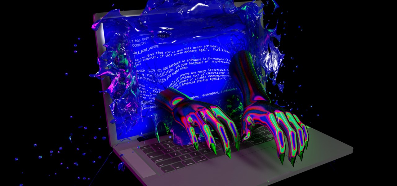 Laptop with a blue blob in front of the screen, and hands emerging dramatically from that