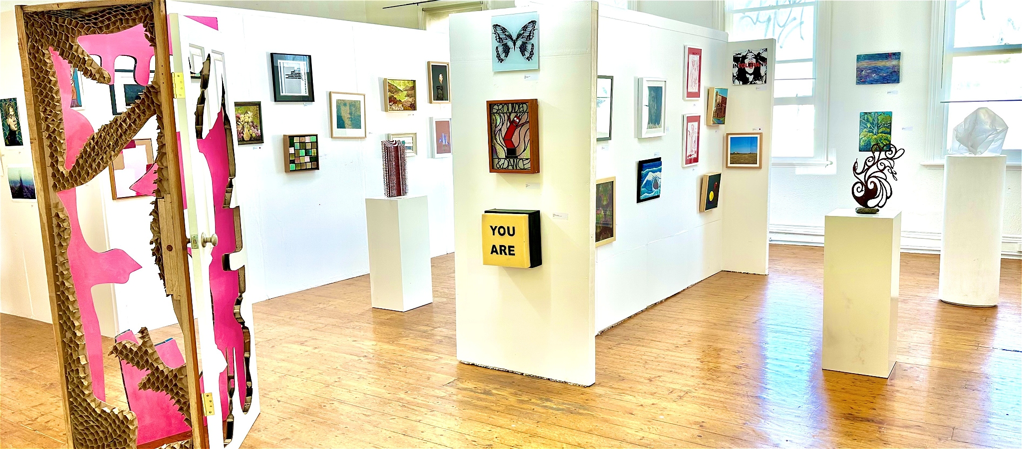 A large sunny gallery space with wooden floors and white walls covered in framed pictures.