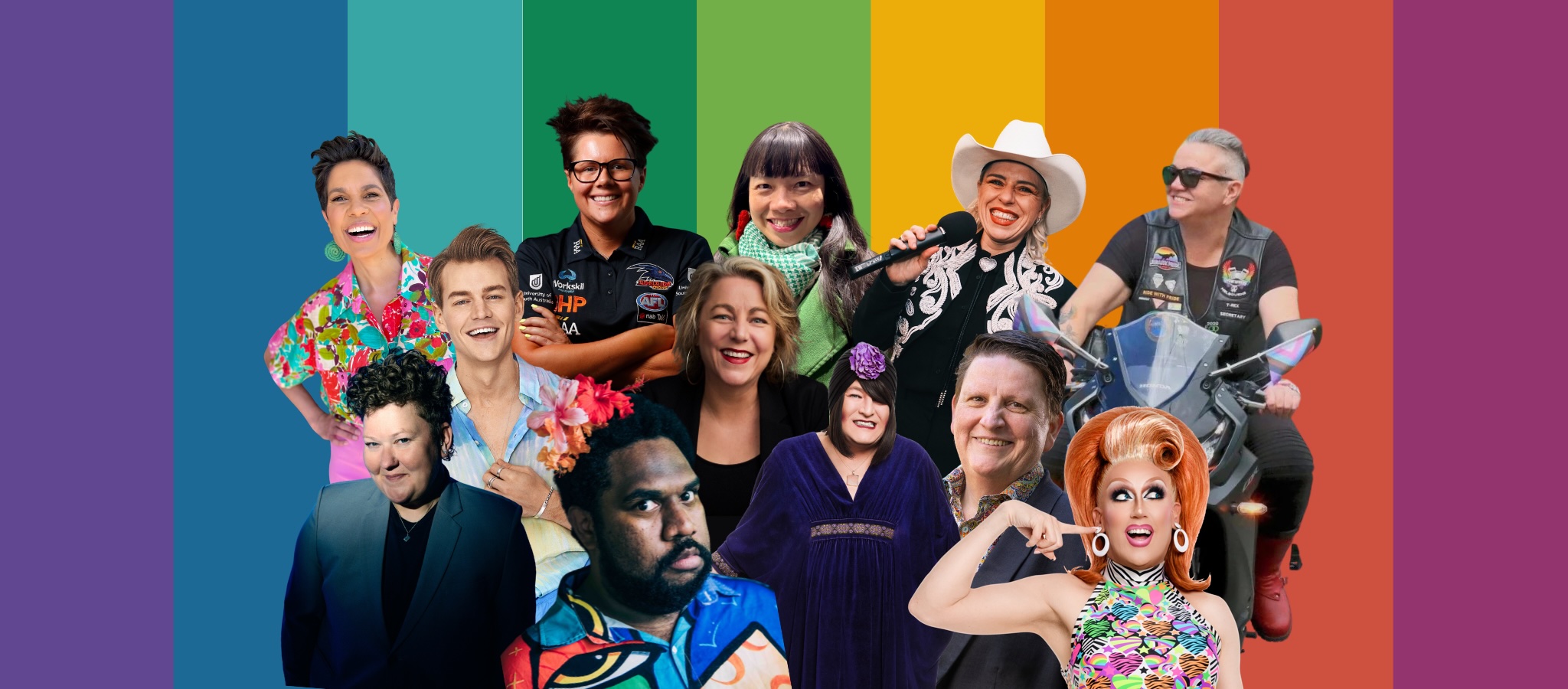a collage of eleven speakers and performers including a rainbow background