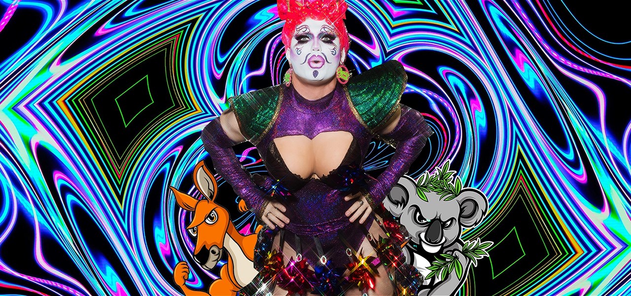 Charity Steal's wearing a dress made out of pinwheels. Appearing with a cartoon koala and a kangaroo in front of a psychedelic background