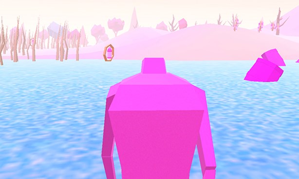 Painted image of a headless person in front of a body of water, with hills and leafless trees in the background