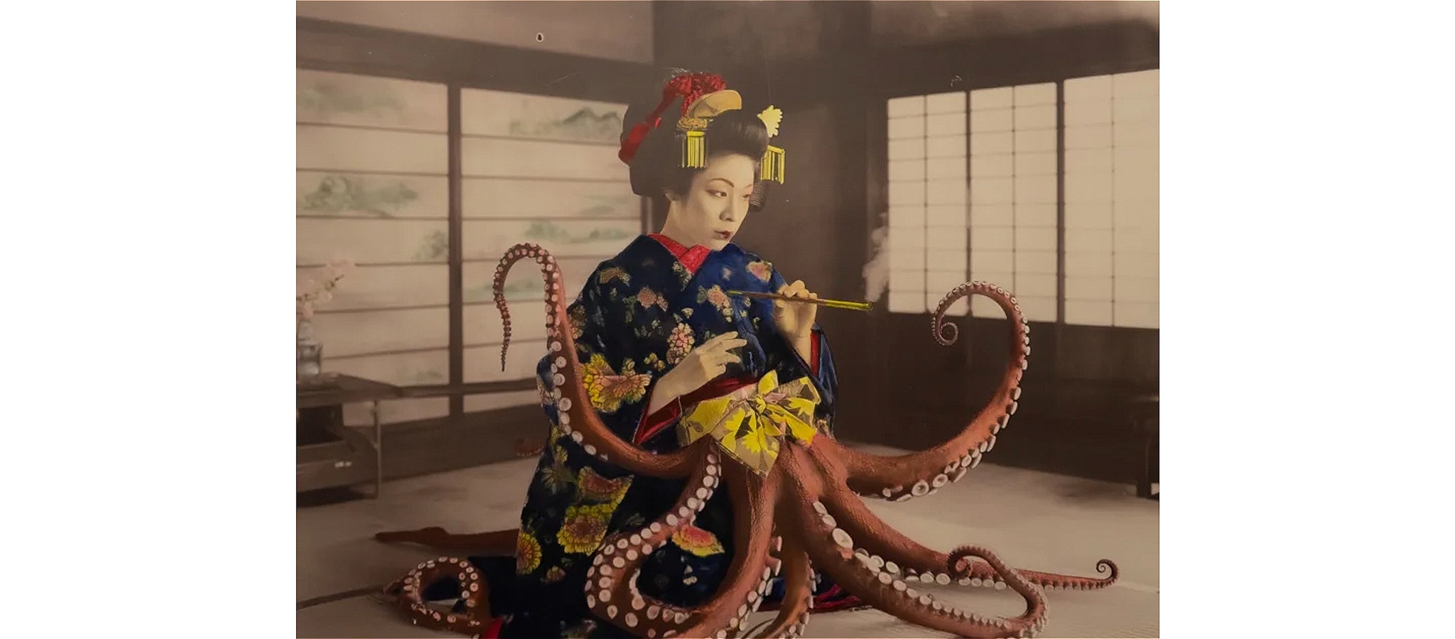An image of a person with tentacles dressed in traditional Japanese regalia