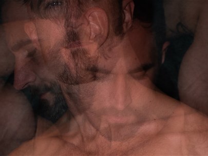 3 multiple exposures of the shoulders and head of a shirtless man