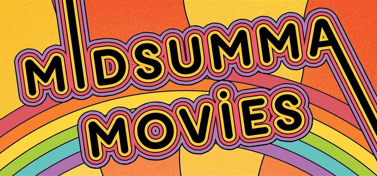The words Midsumma Movies in retro font over a rainbow on an orange background