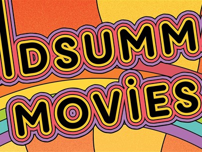 The words Midsumma Movies in retro font over a rainbow on an orange background