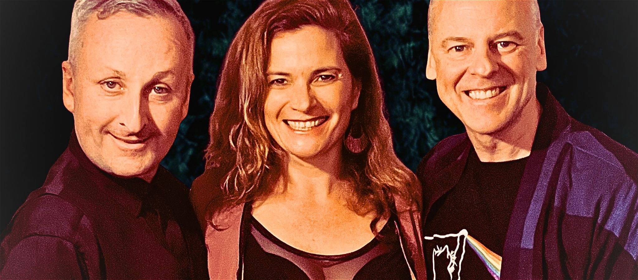 Two men and a woman on a vintage background smiling at the camera.