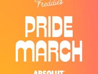 Burnt-orange poster with text 'Freddies PRIDE MARCH ABSOLUT.'