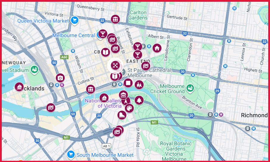 Map showing venue locations in the CBD, Southbank and Docklands