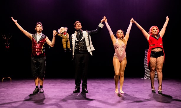 Four people taking bows on stage (from The Odditorium at Gasworks)