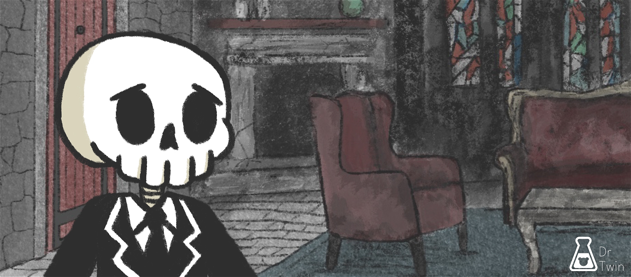 An illustration of Bones, the skeleton, in a dark gothic living room.