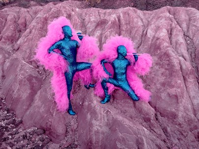 The Huxleys in blue outfits with pink feather capes superimposed on a pink-coloured rock