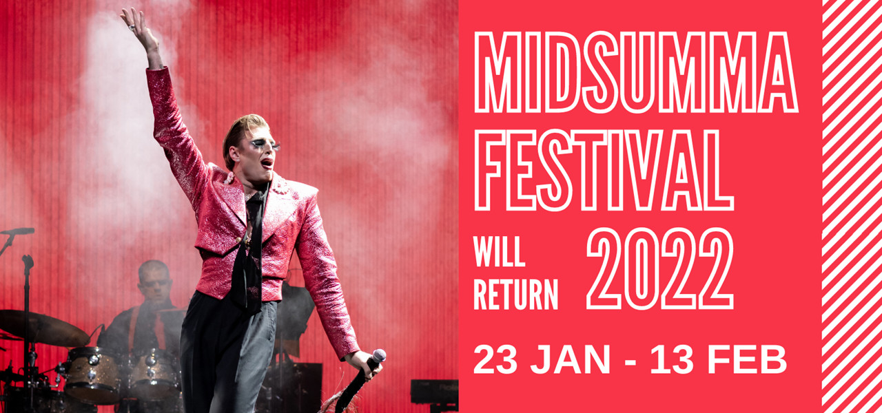 Reuben Kaye on stage with text "Midsumma Festival will return 2022: 23 Jan - 13 Feb