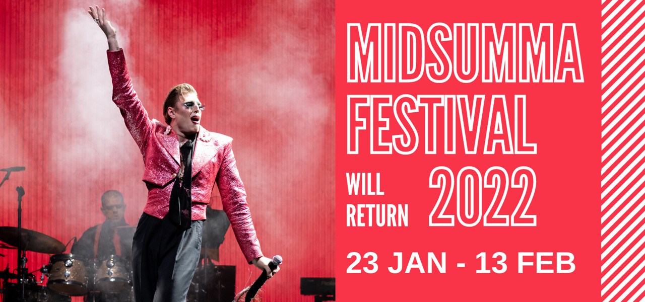Reuben Kaye on stage with text "Midsumma Festival will return 2022: 23 Jan - 13 Feb
