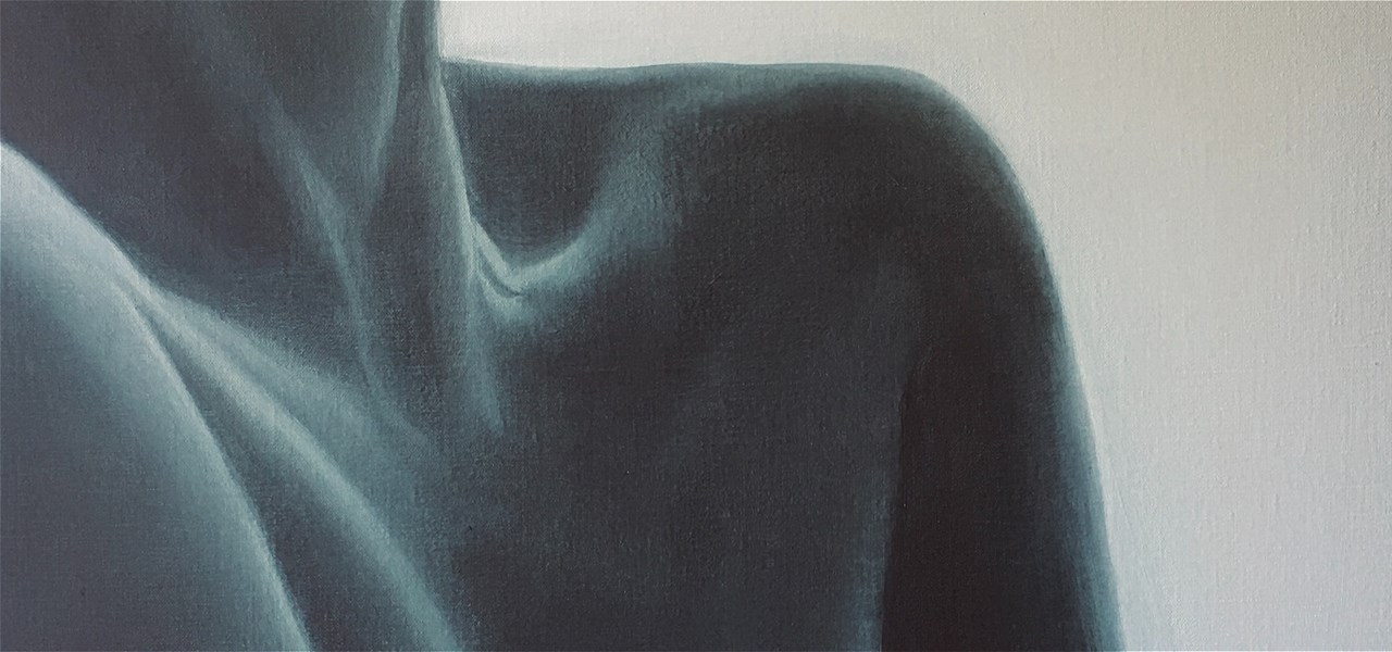 Monochrome painting of a woman's collarbones and shoulders