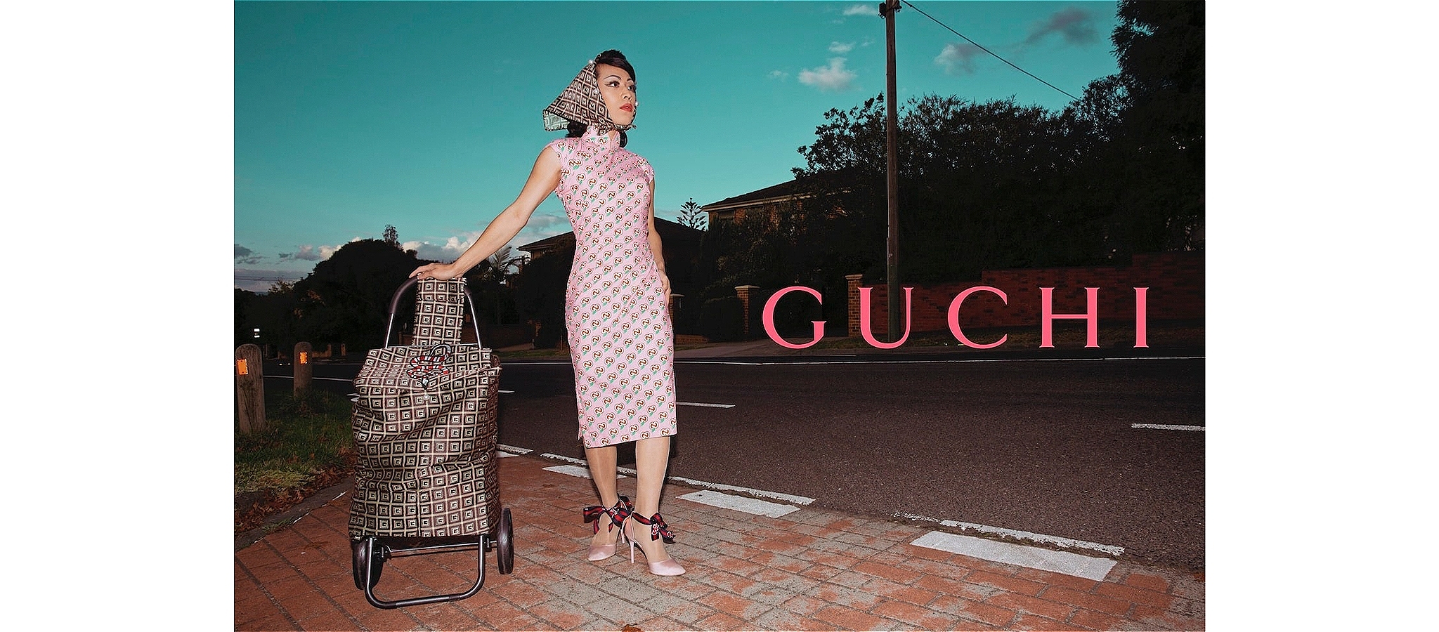 A photograph of a fashionably dressed woman with an elegant shopping trolley