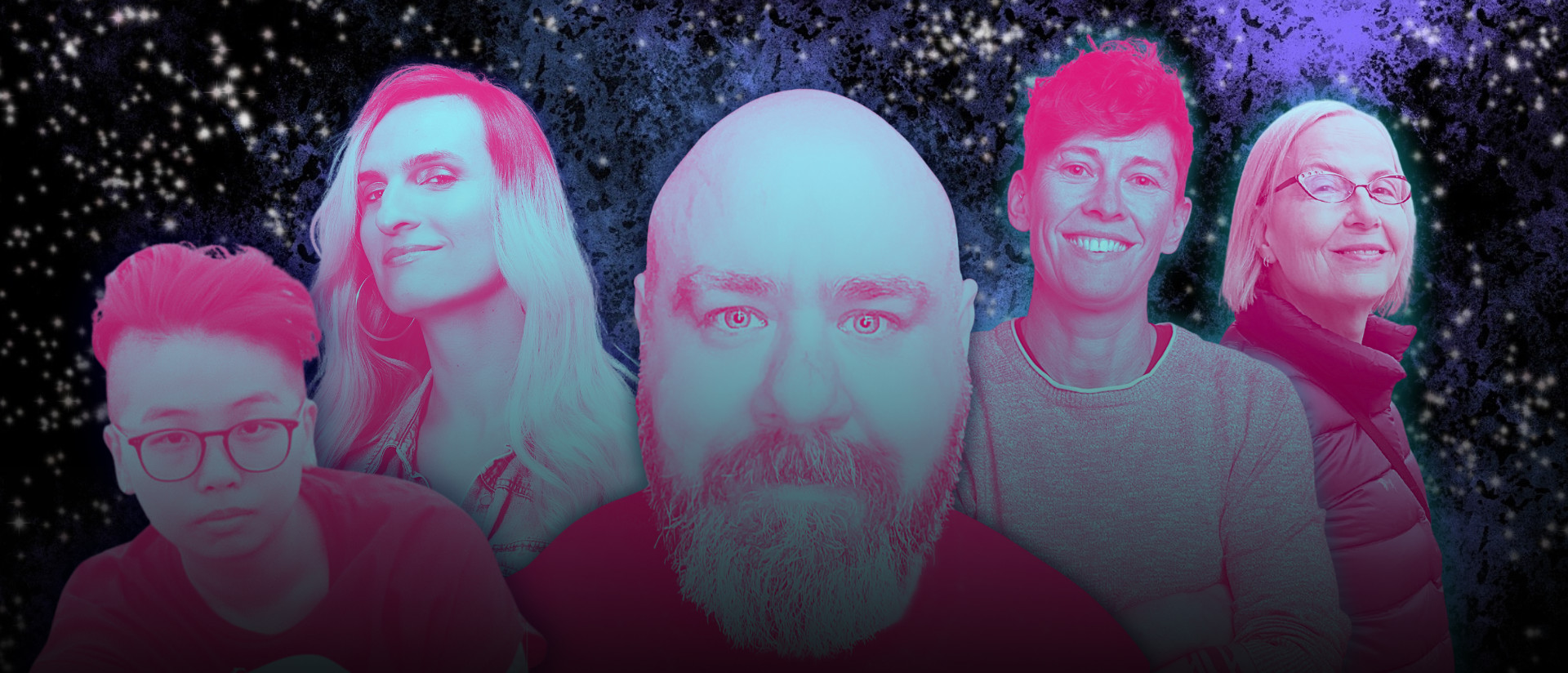 A group of 5 faces in a tableau with a starry background.