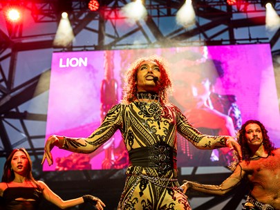 Lion performing on stage with two backup dancers - at The Edge in Fed Square. Text Lion projected behind them