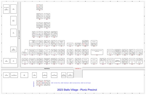 Map of the location of stalls in the Picnic Precinct at Midsumma Carnival 2023