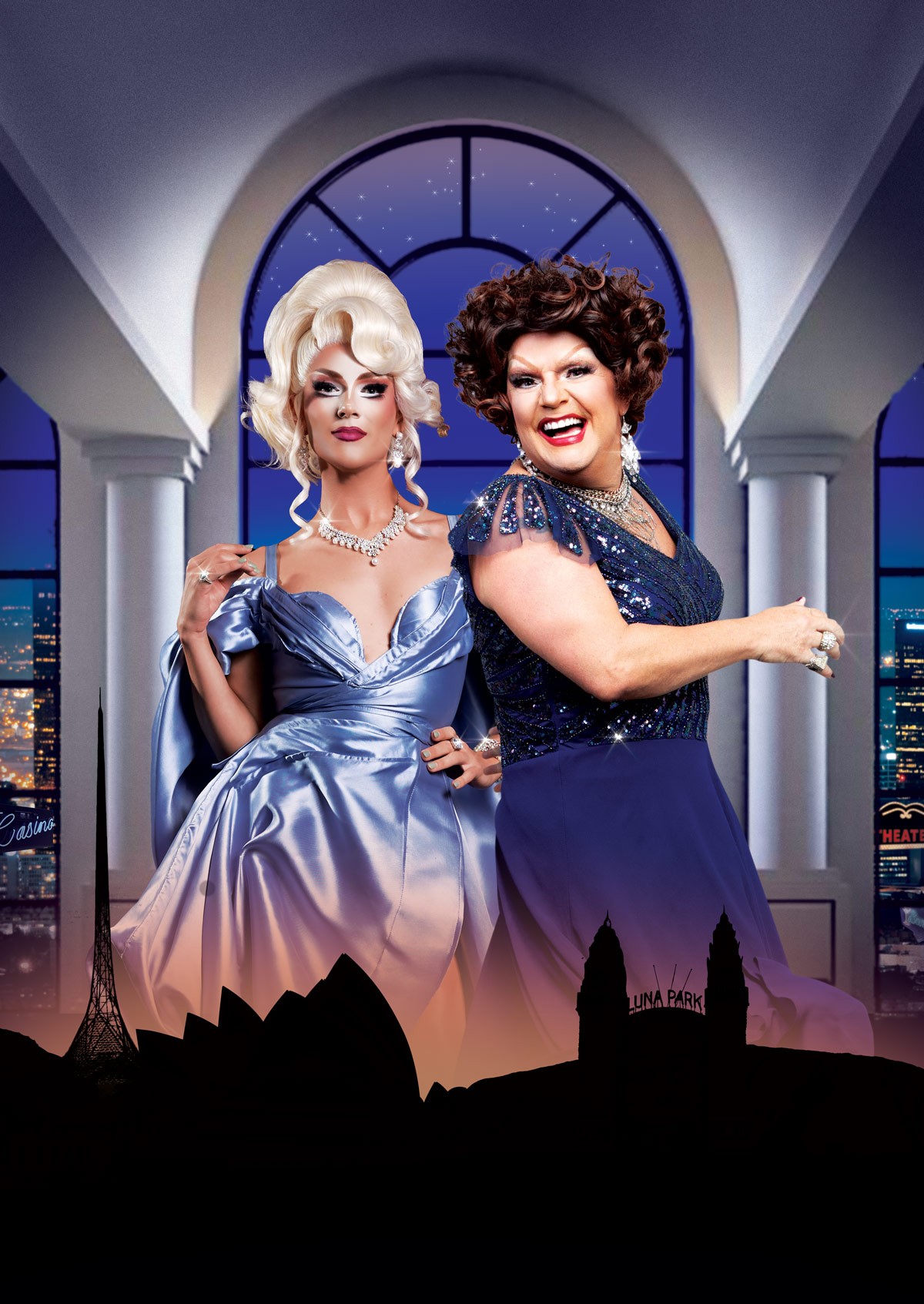 Skank Sinatra and Dolly Diamond dressed in elegant gowns in a public space