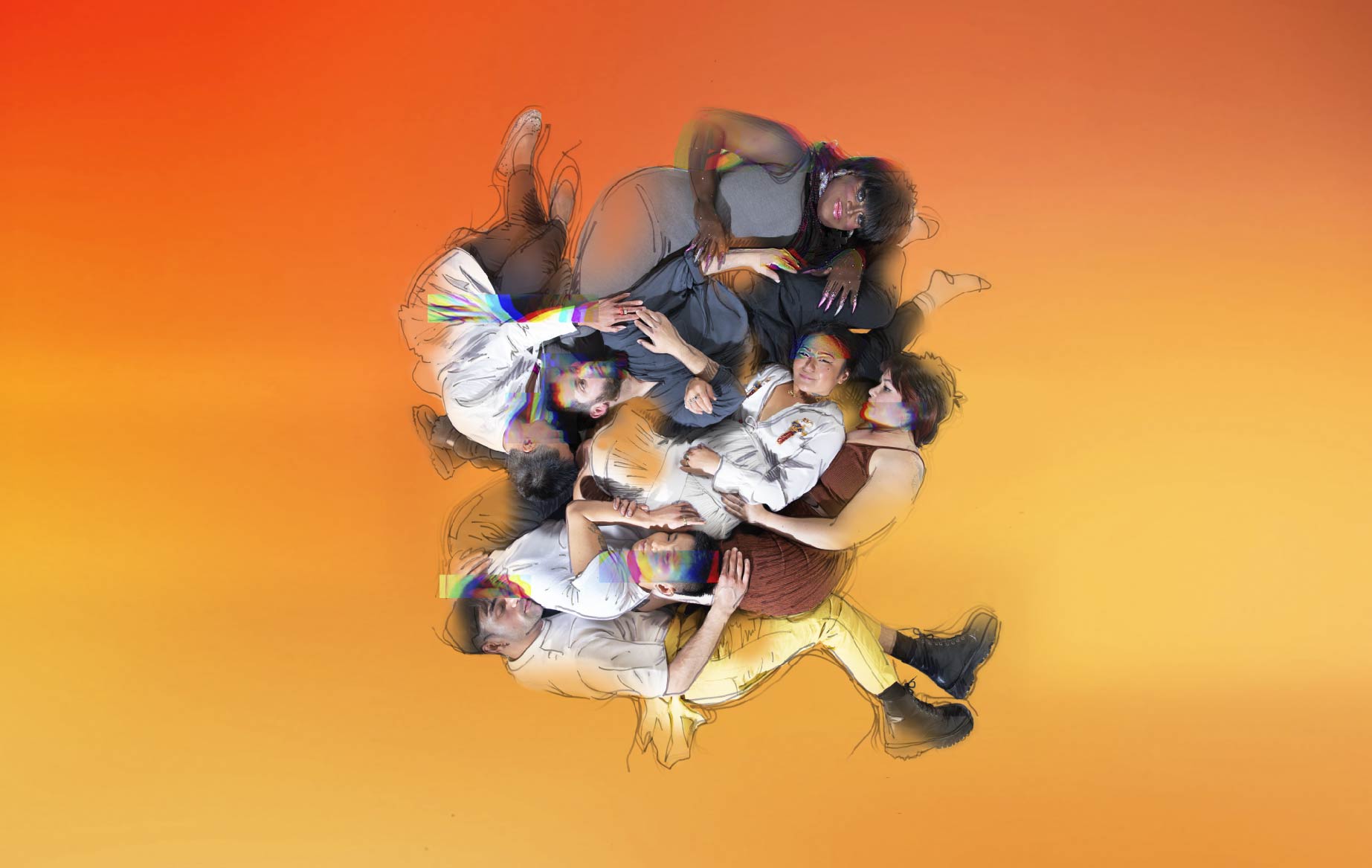 Image description: A photograph taken from above of a group of seven people of diverse ages, body types, skin tones, and clothing cradling one another on a background of dark to light orange featuring pencil-drawn outlines of their bodies and four faded rainbow-coloured outlines of their bodies and four rainbow coloured rectangles layered across some of the forms.