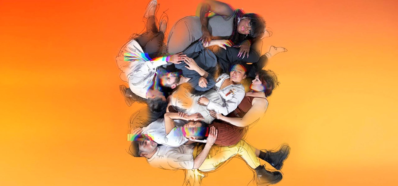 Image description: A photograph taken from above of a group of seven people of diverse ages, body types, skin tones, and clothing cradling one another on a background of dark to light orange featuring pencil-drawn outlines of their bodies and four faded rainbow-coloured outlines of their bodies and four rainbow coloured rectangles layered across some of the forms.