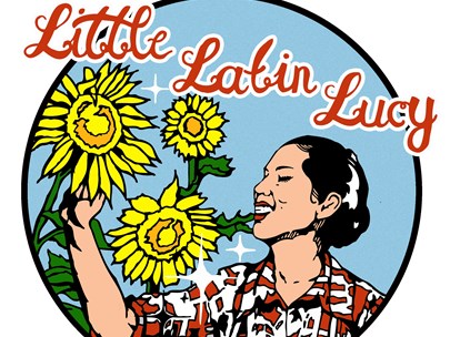 Graphic of a woman admiring sunflowers, with text 'Little Latin Lucy'.
