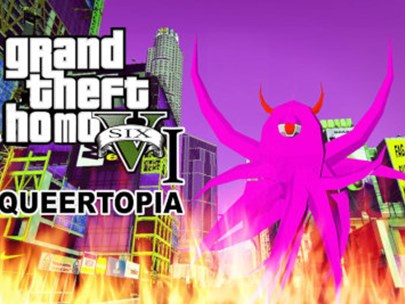 Graphic of a pink octopus plus text: 'Grand theft homo...six. QUEERTOPIA'