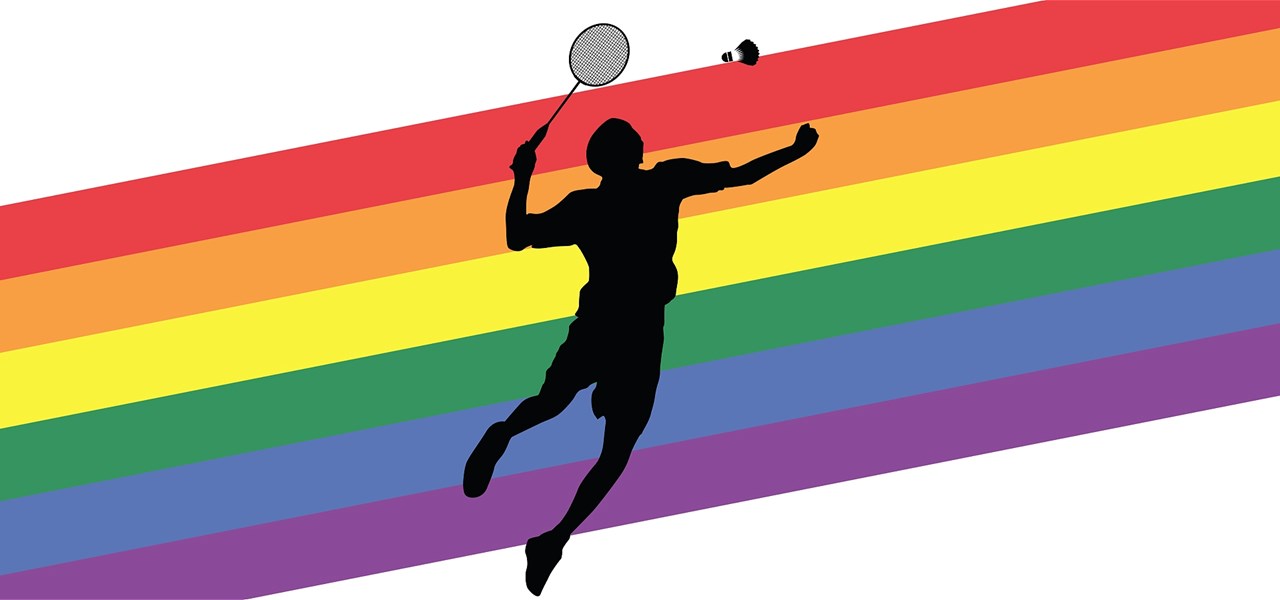Animation of a leaping badminton player on a rainbow background