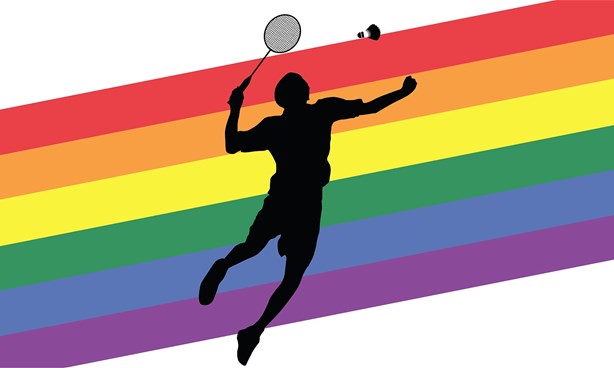 Animation of a leaping badminton player on a rainbow background