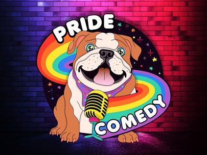 A cartoon logo of a bulldog standing in front of a microphone, surrounded by a rainbow.