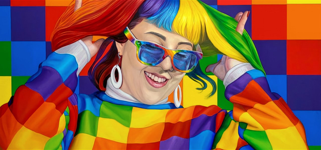 Female-identifying person in check-patterned, rainbow outfit against a rainbow checkerboard pattern in the background