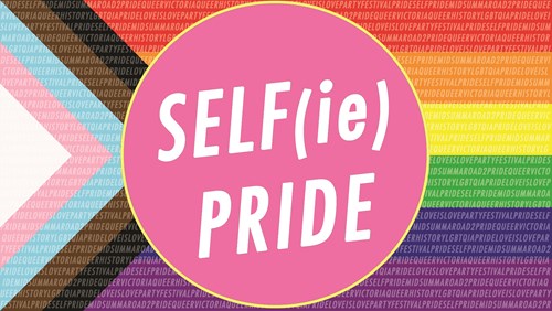 Pride flag with text 'SELF(ie) PRIDE' 