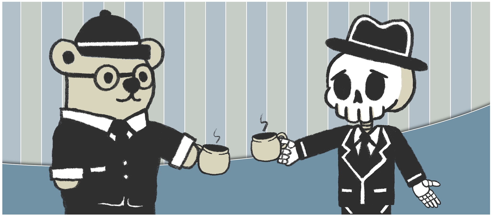 An illustration of Otso (a bear on the left) and Bones (a skeleton right) from Summontown - Save the Bears! - having a cup of tea