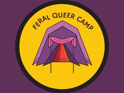 A circular image with a yellow background. In the image, there is a tent and the words 'Feral Queer Camp'.