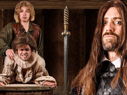 Three men dressed in medieval attire, with a sword in the middle of the photo. Two are looking anxious, the third looks surprised.