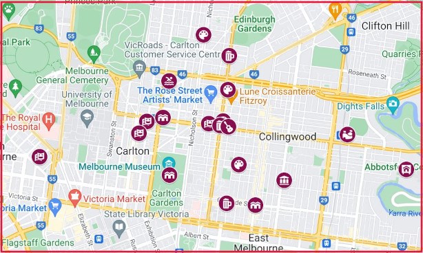 Map of the Melbourne Inner North with Midsumma venues marked on it