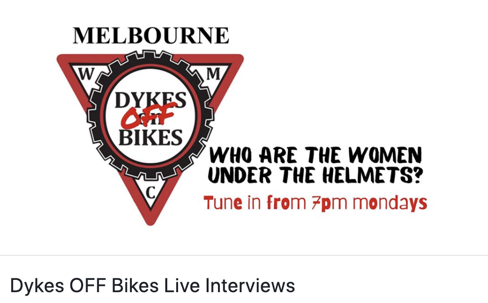 Dykes On Bikes logo with 'on' changed to 'off', with text: Who are the women under the helmets?'