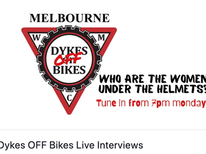 Dykes On Bikes logo with 'on' changed to 'off', with text: Who are the women under the helmets?'