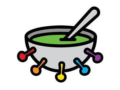 Grey soup bowl (and spoon) with virus spikes, coloured in the pride colours red, orange, yellow, blue, purple. Soup is coloured pride green.