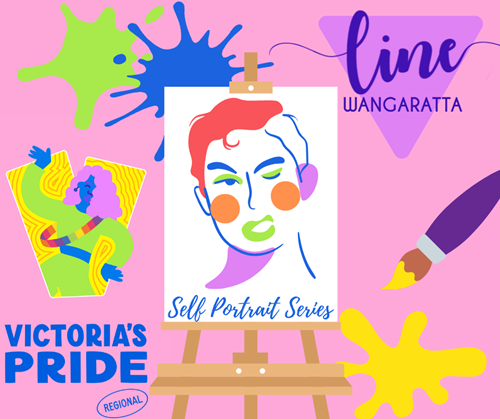 line WANGARATTA Self Portrait Series poster: portrait on an easel with splotches of painpink background