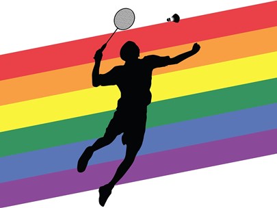 Graphic of a gay rainbow flag with a totally black profile of a tennis player in front of it