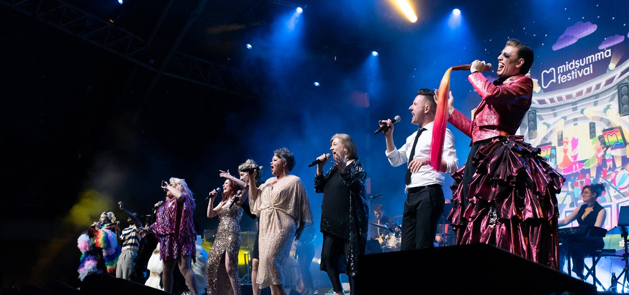 Many performers on stage at the Sidney Myer Music Bowl for Midsumma 2021