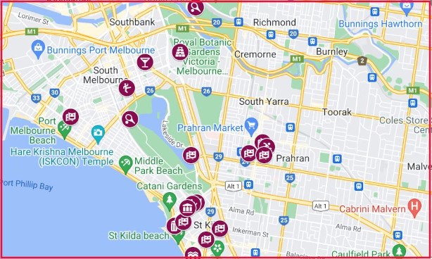 Map of the suburbs South of Melbourne with Midsumma venues marked on it