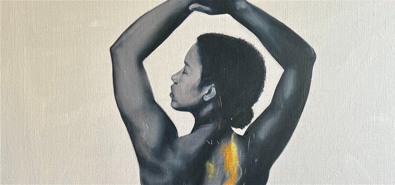 Double exposure painting of a woman's upper back and head with her arms raised