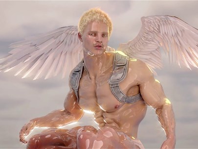 A naked angelic being sits on top of a pile of rocks, with their wings outstretched. The background consists of soft clouds with warm back lighting.