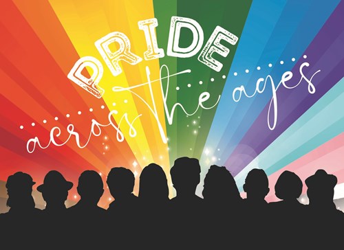 Heads of audience members looking at a rainbow with text 'PRIDE across the ages' 