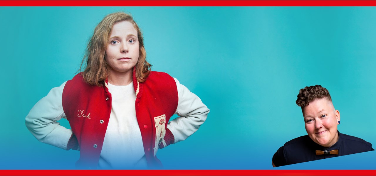 A collage of 2 lesbian comedians against a green background