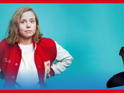 A collage of 2 lesbian comedians against a green background