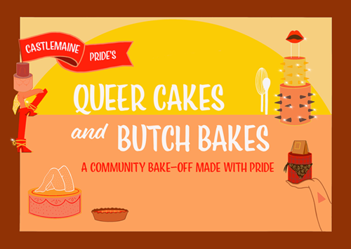 Red Ribbon with white text surrounded by illustrations of fancy queer cakes on a background of brown tones