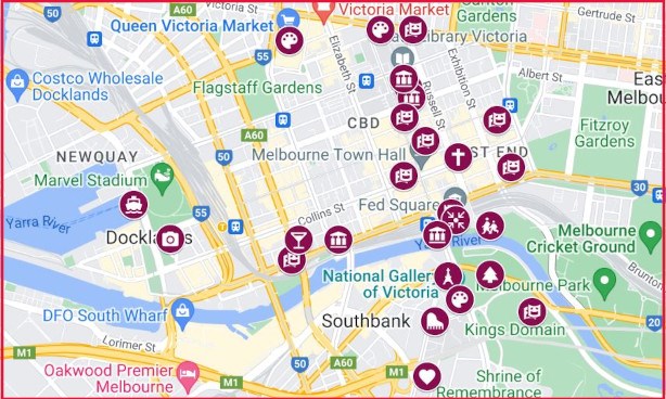 Map of the Melbourne CBD with Midsumma venues marked on it